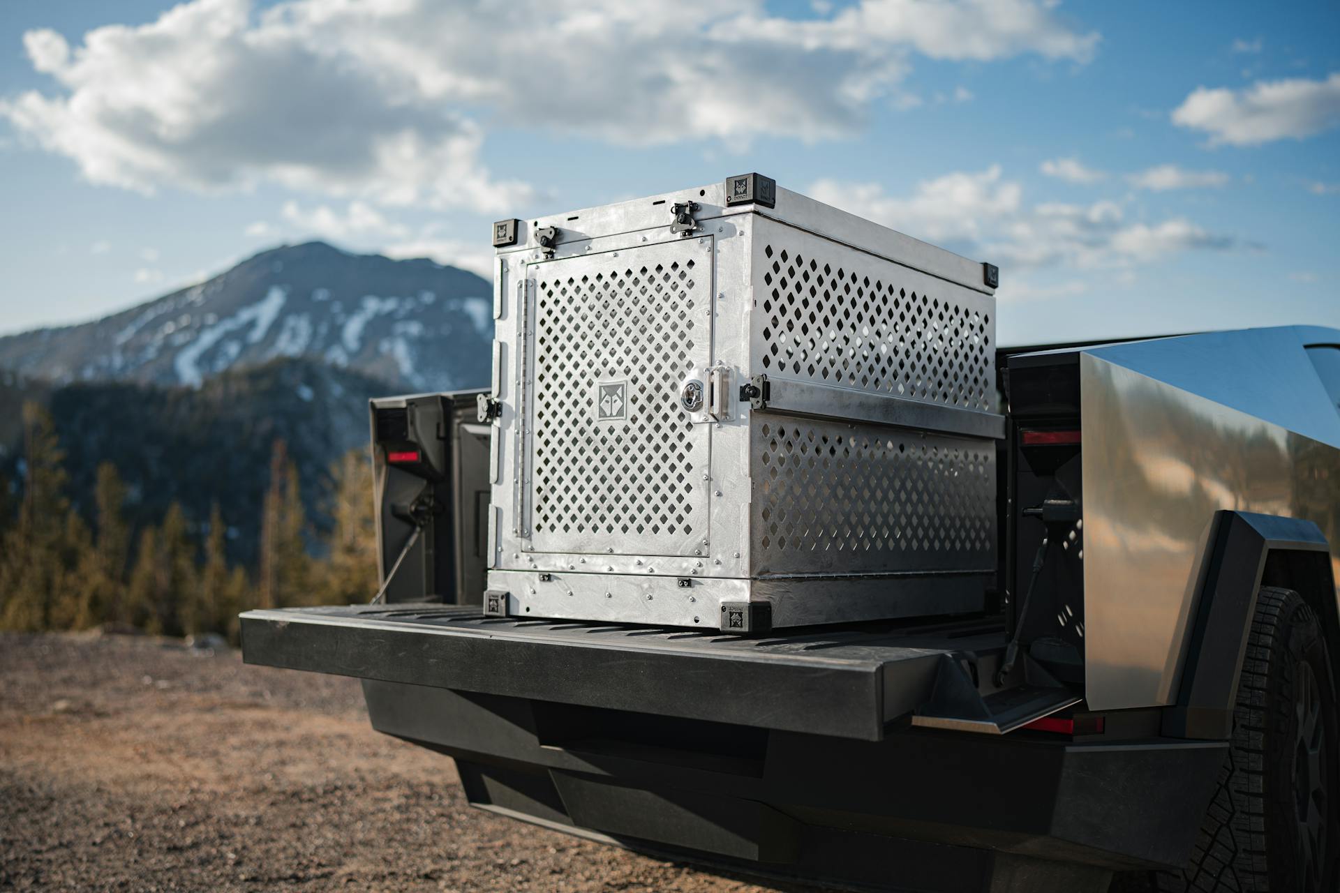 Secure Dog Crate on Cybertruck in Mountain Landscape