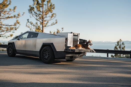 A futuristic truck with a dog in a crate by Lake Tahoe captures modern pet adventures.