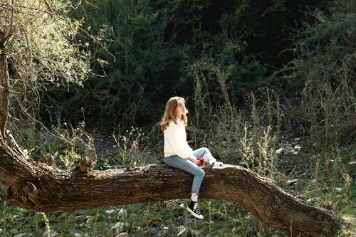 Free A young woman sits on a tree branch embracing nature and tranquility outdoors. Stock Photo