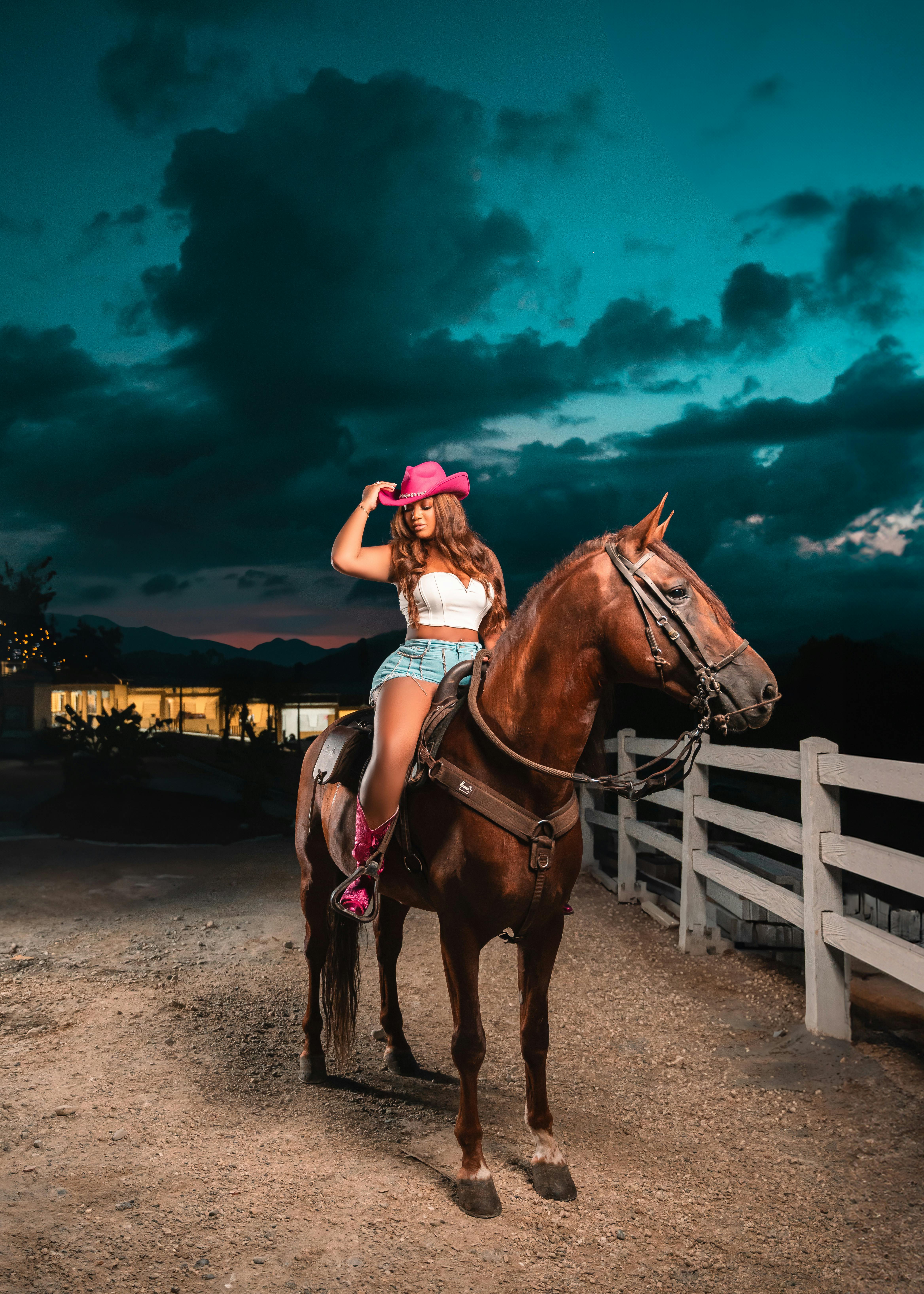 A cowgirl in a pink hat rides a horse at twilight with a scenic backdrop of clouds.