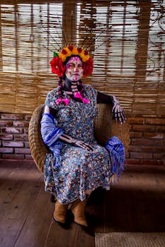 Colorful portrait of a woman in Day of the Dead costume with floral headpiece indoors.