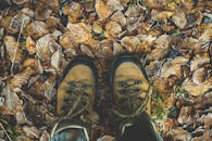 远足靴踏在秋日霜冻落叶上的特写，捕捉了户外探险的精髓