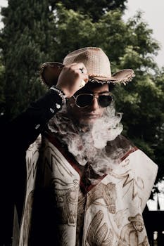 A modern cowboy wearing a poncho and sunglasses amid smoke outdoors.