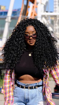 阳光明媚的户外，一位卷发、戴着墨镜的时尚女士身着休闲装，自信地摆着姿势