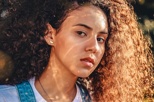 一位年轻卷发女子的特写肖像，在户外自然光线下，传达出充满活力与年轻的精髓