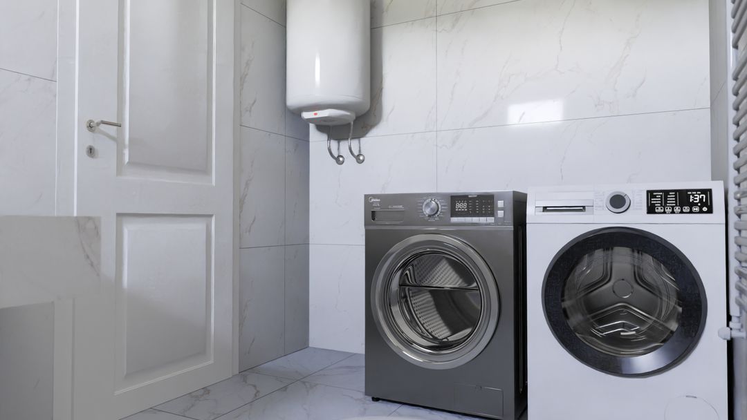A laundry room with a washer, dryer and water heater on tiled flooring