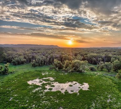 A breathtaking aerial view of a sunset over lush greenery in Wabasha, MN.