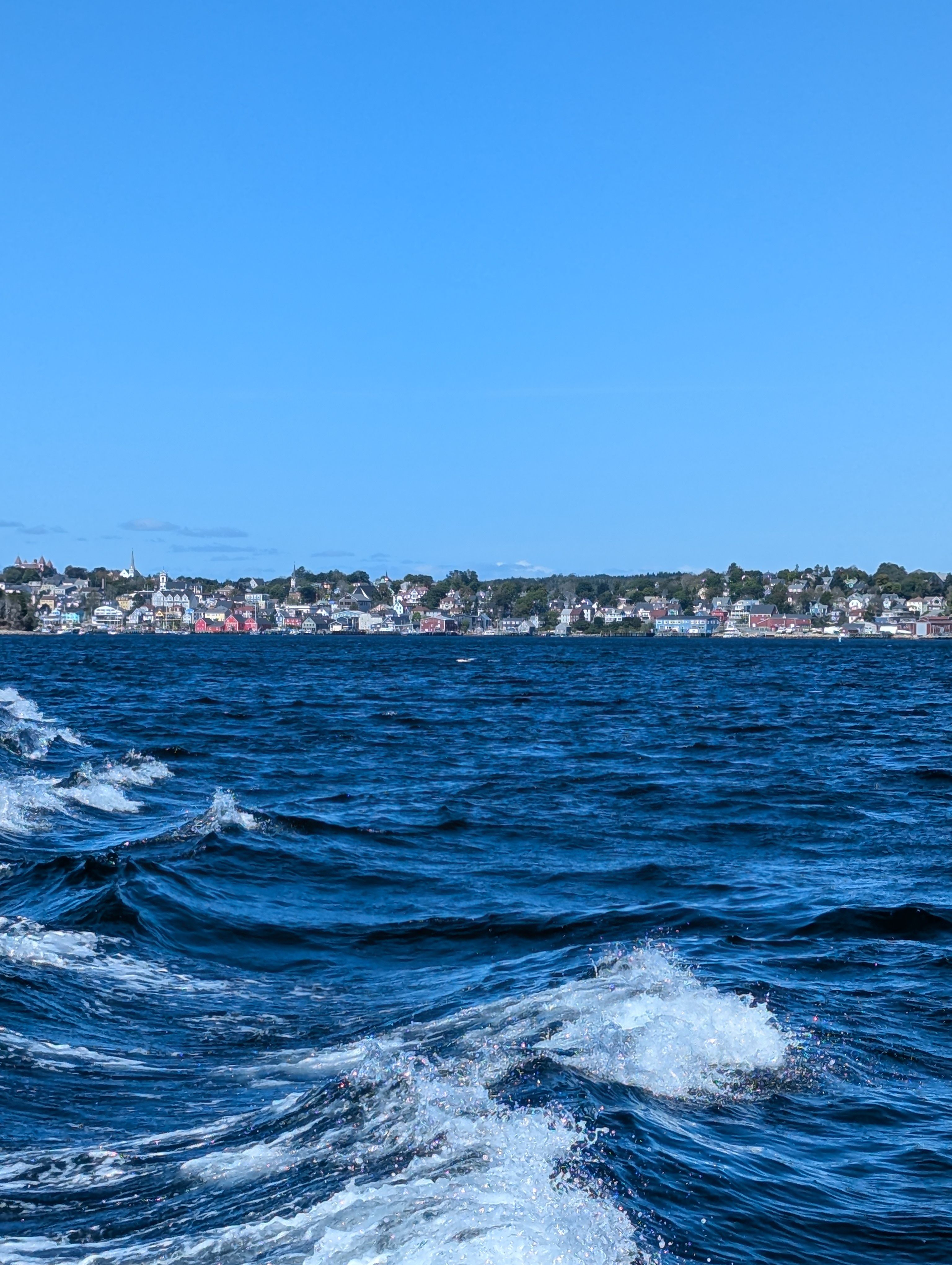 Vibrant ocean vista capturing Lunenburg's picturesque waterfront under a clear blue sky.