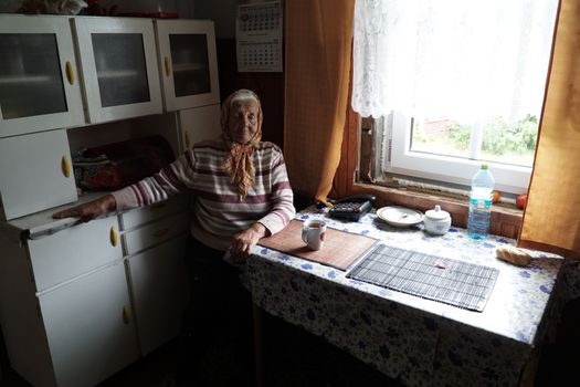 Senior woman in a cozy kitchen with vintage decor, bathed in daylight