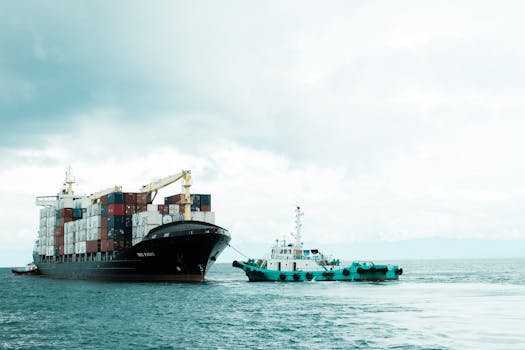 A container ship and tugboat navigate the waters of Davao City, Philippines, under a cloudy sky.