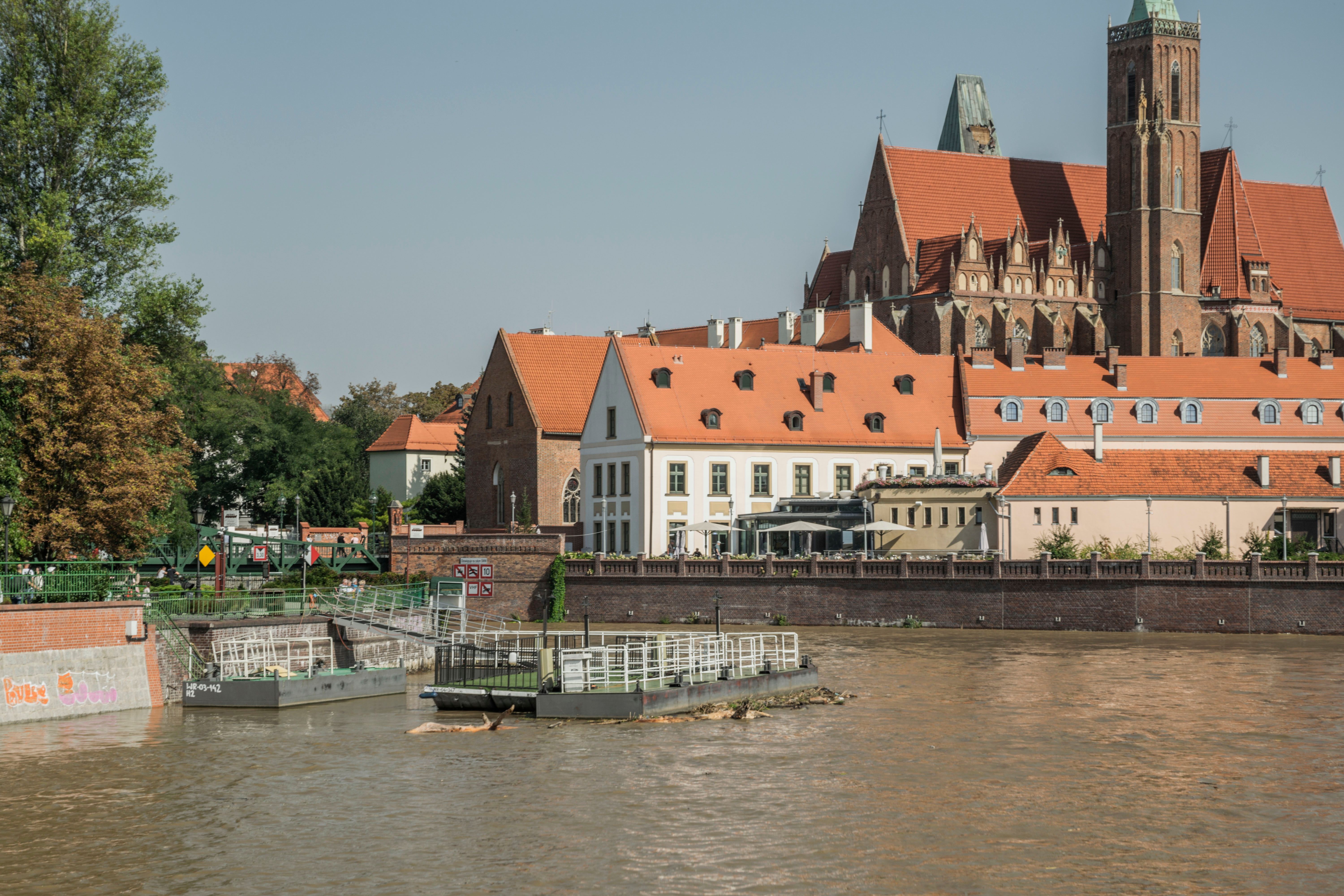 Scene of Ostrów Tumski, Wrocław, showcasing historic architecture along the Odra River, Poland