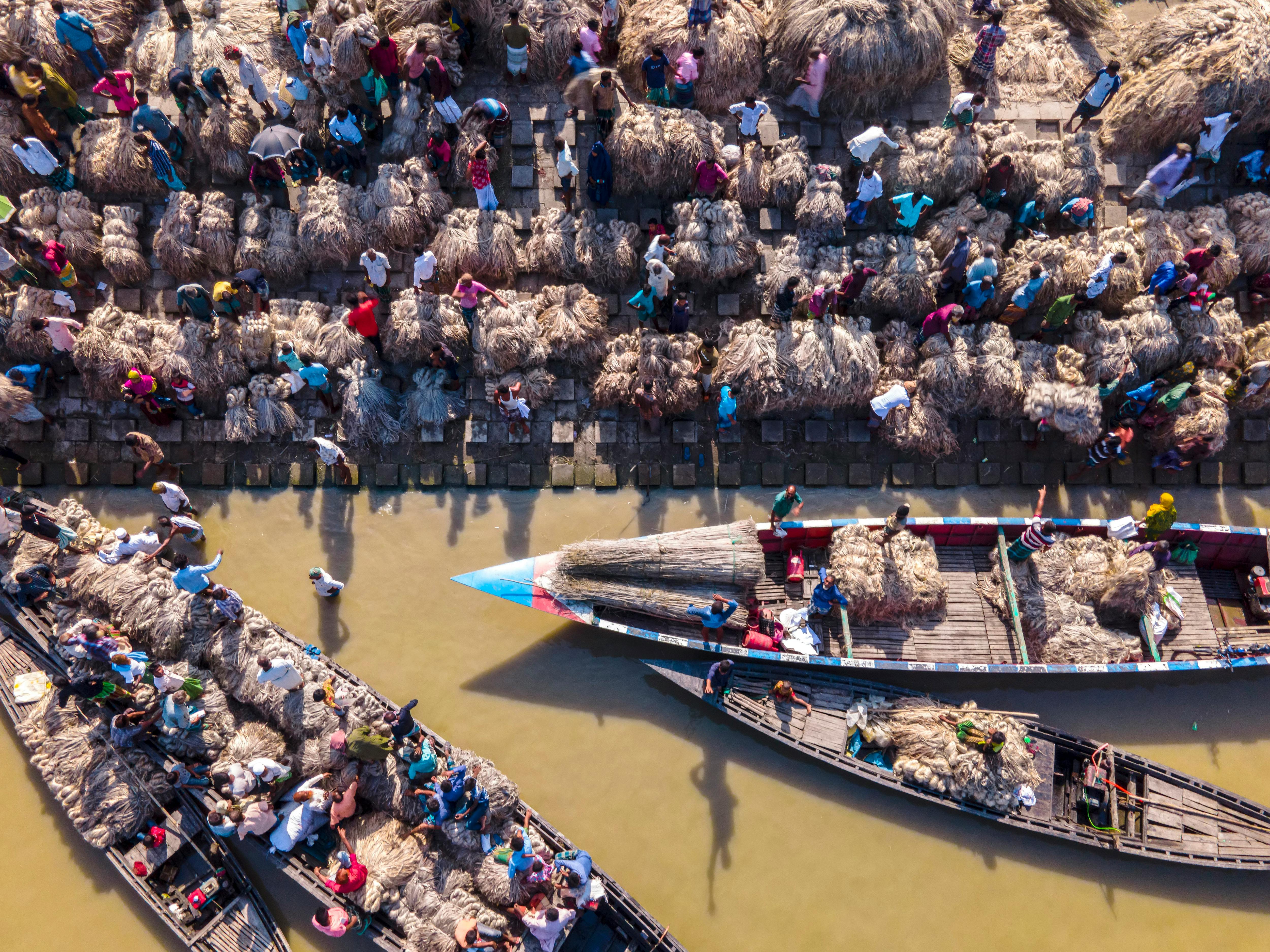 aerial view of busy river market scene