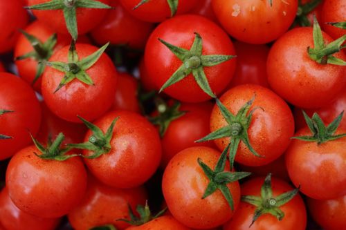 Free A vibrant close-up of fresh organic cherry tomatoes with green stems. Stock Photo