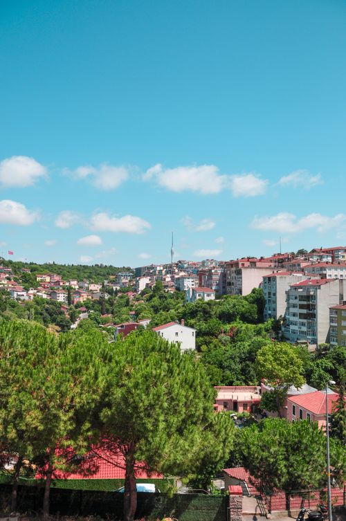 Free Colorful cityscape with greenery and buildings under a clear blue sky. Stock Photo