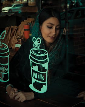 在德黑兰的一家咖啡馆里，一位年轻女子正享受着闲暇时光，咖啡馆的窗户上装饰着精美的艺术贴花