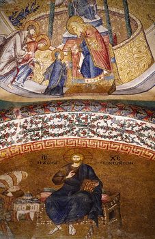 Intricate Byzantine religious mosaic depicting Christ and biblical scenes inside a historic church.
