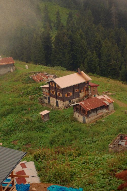 Free Rustic chalet surrounded by lush greenery on a misty mountain. Stock Photo