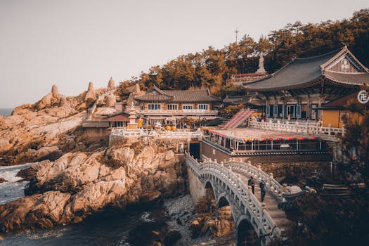 Serene view of Haedong Yonggungsa, a seaside temple in Busan, South Korea.