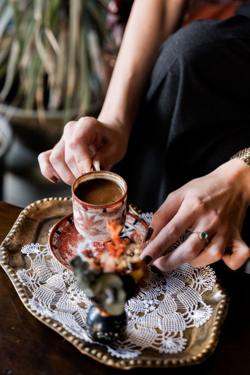Free Close-up of elegant Turkish coffee presentation on a brass tray, highlighting traditional culture. Stock Photo