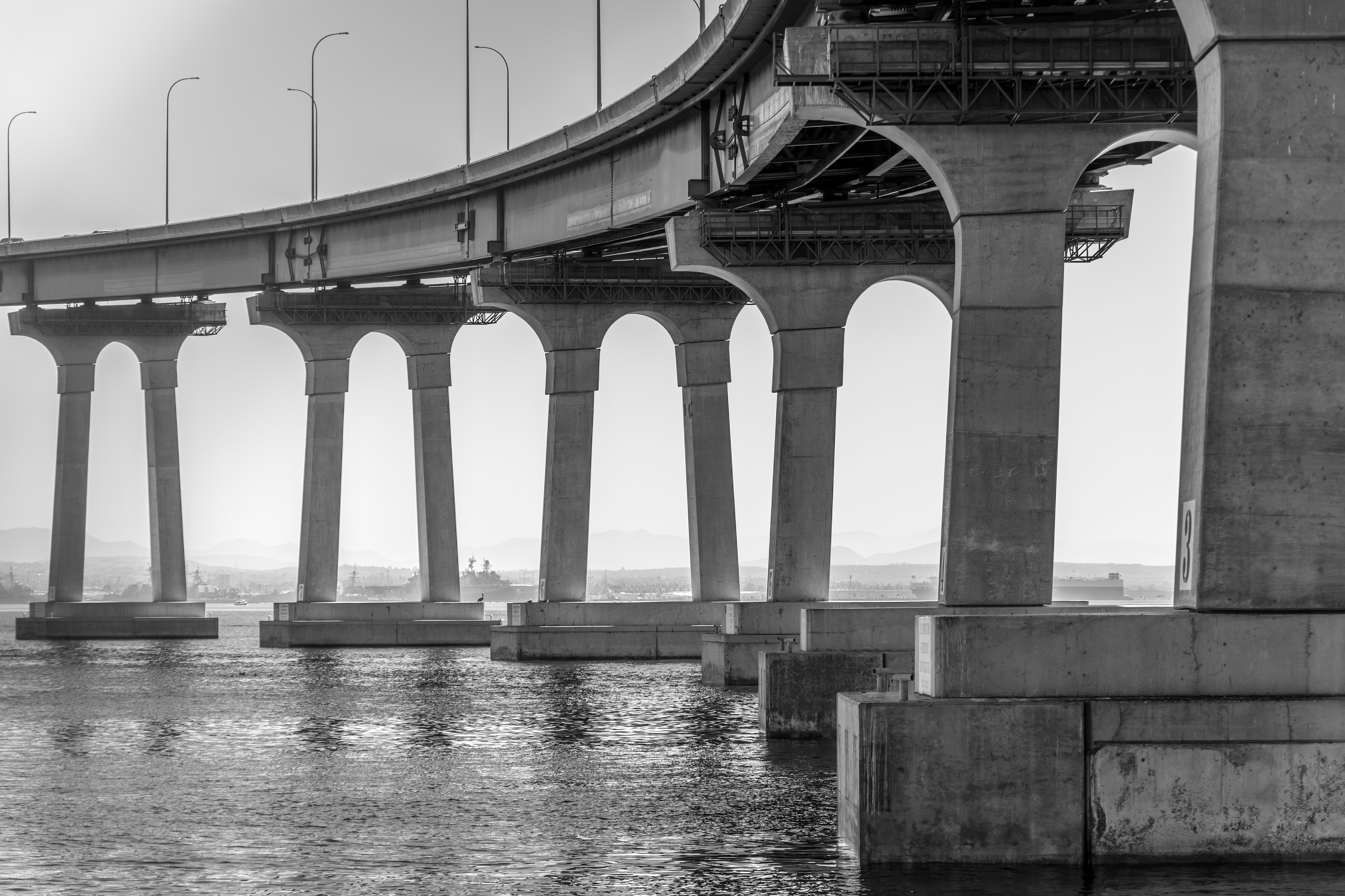 Elegant black and white capture of a San Diego bridge over water.