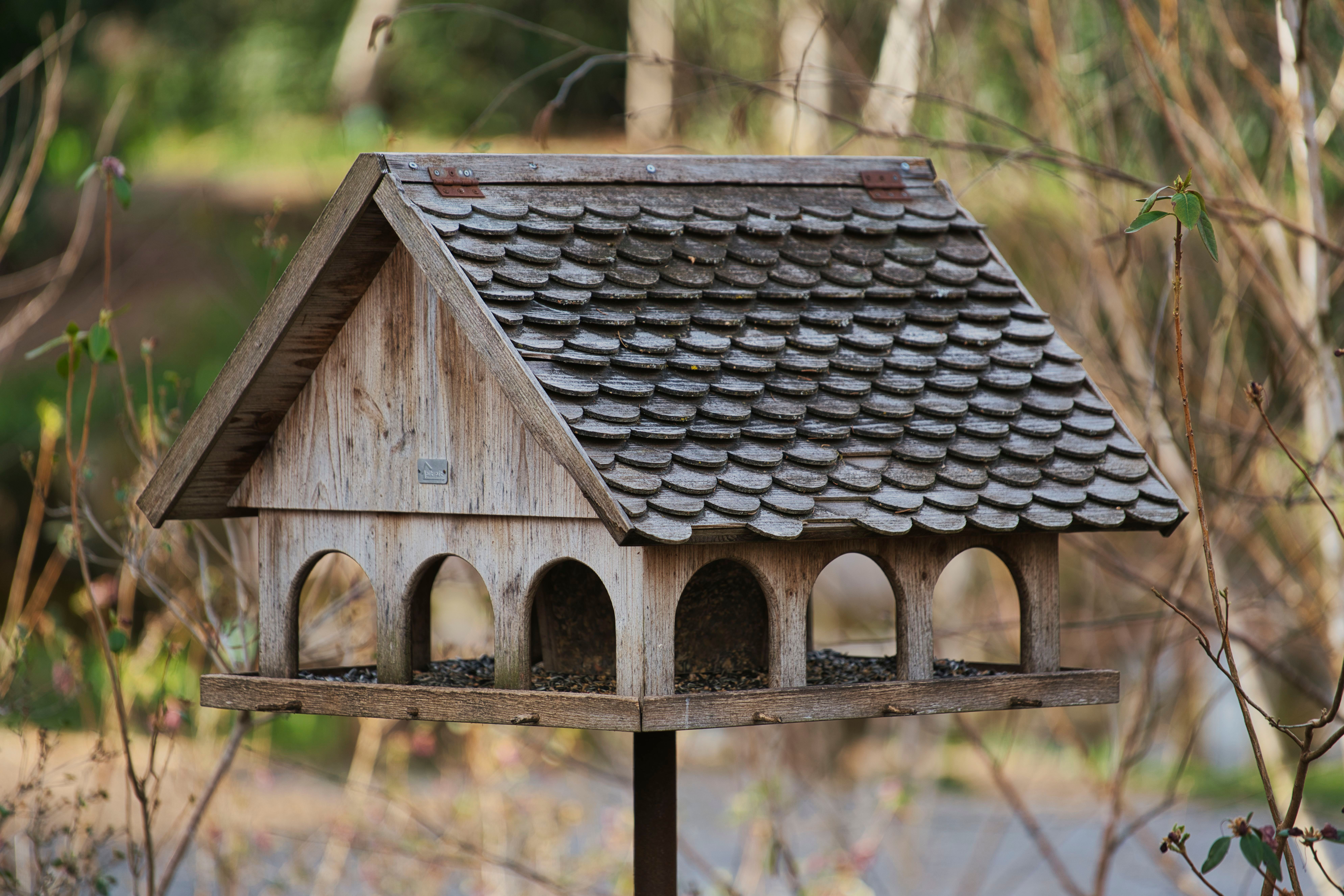 A rustic birdhouse with tiled roof amidst nature, perfect for wildlife enthusiasts.