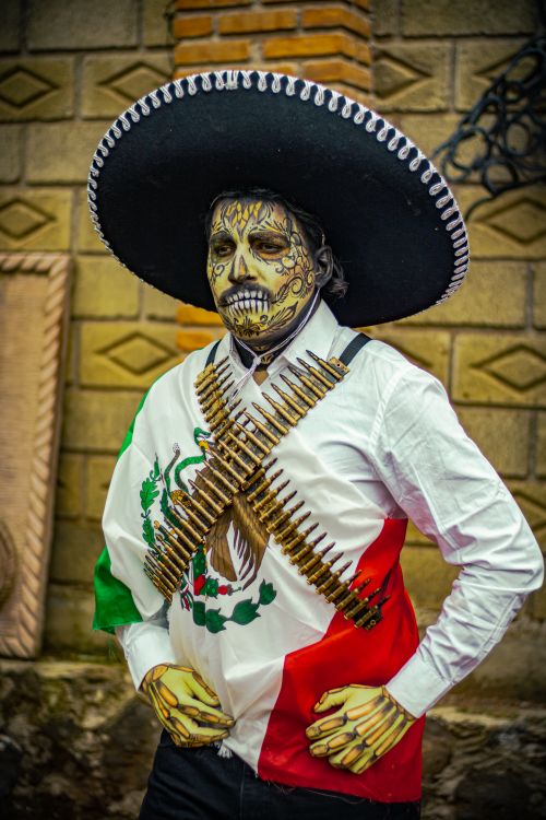 Free Vibrant Dia de Muertos costume with Mexican flag and calavera makeup in Mexico City. Stock Photo