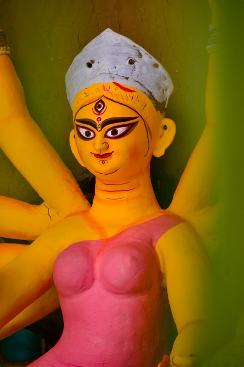 Free Vibrant Durga idol representing the Hindu goddess, crafted for Durga Puja in Memari, India. Stock Photo