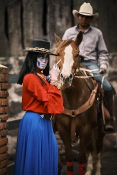 Elegant Catrina in vibrant attire poses near a charro on horseback in Mexico City.