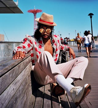 康尼岛木板路上，穿着时尚前卫的复古服装和太阳镜的人们构成了充满活力的景象