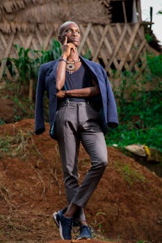 在喀麦隆雅温得的户外，一位时尚男子摆出姿势，展示现代风尚