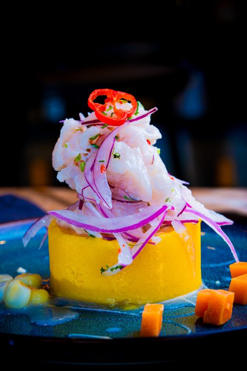 Free Colorful ceviche dish elegantly presented with garnish on a blue plate. Stock Photo