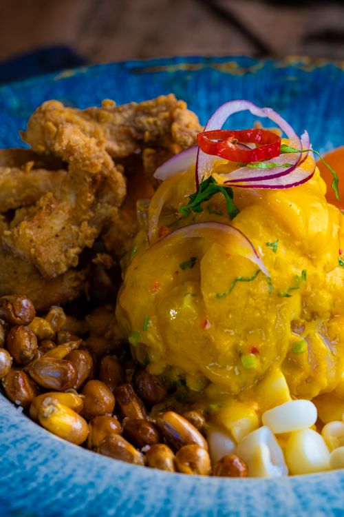 Free Close-up of a vibrant Peruvian ceviche with fried chicken and corn. Stock Photo