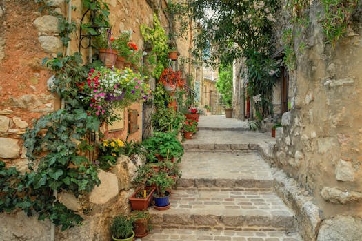 Beautiful cobblestone alley in France adorned with colorful flowers and stone architecture.