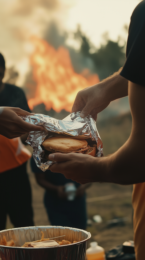 Free Firefighters sharing sandwiches during a relief effort with a large fire in the background. Stock Photo