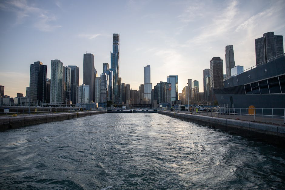 Chicago skyline view from Montrose Harbor at sunset - five places to go in chicago's uptown neighborhood Chicago skyline view from Montrose Harbor at sunset - five places to go in chicago's uptown neighborhood