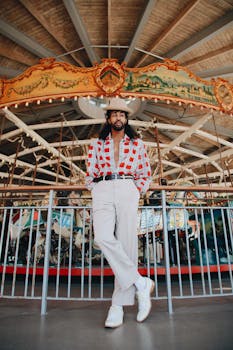 时尚男子在室内的复古旋转木马装饰前摆姿势