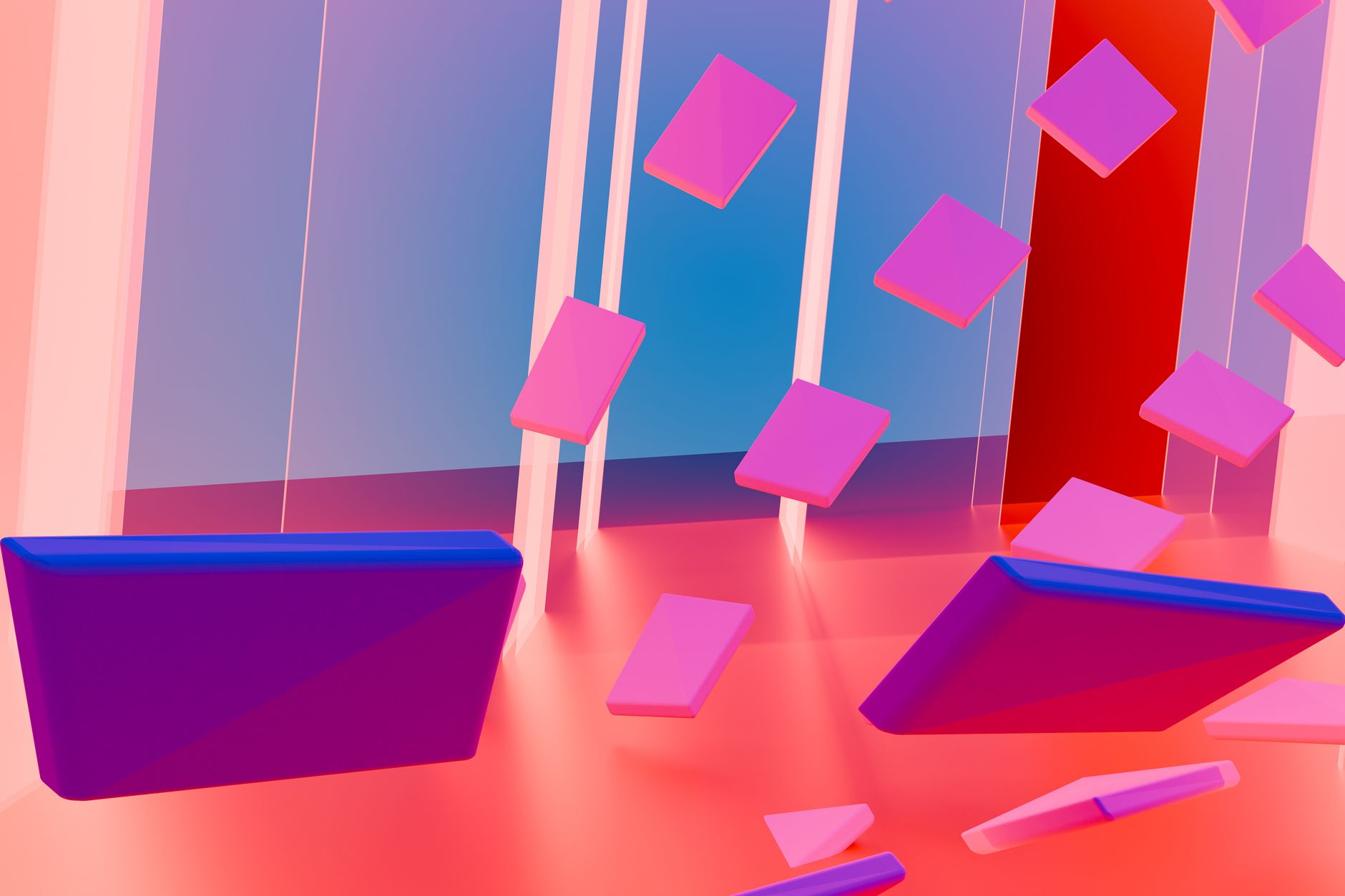 Colorful abstract 3D geometric design with floating shapes in pink and blue hues.