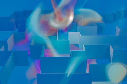 Vibrant 3D abstract render of a geometric maze with colorful light effects.