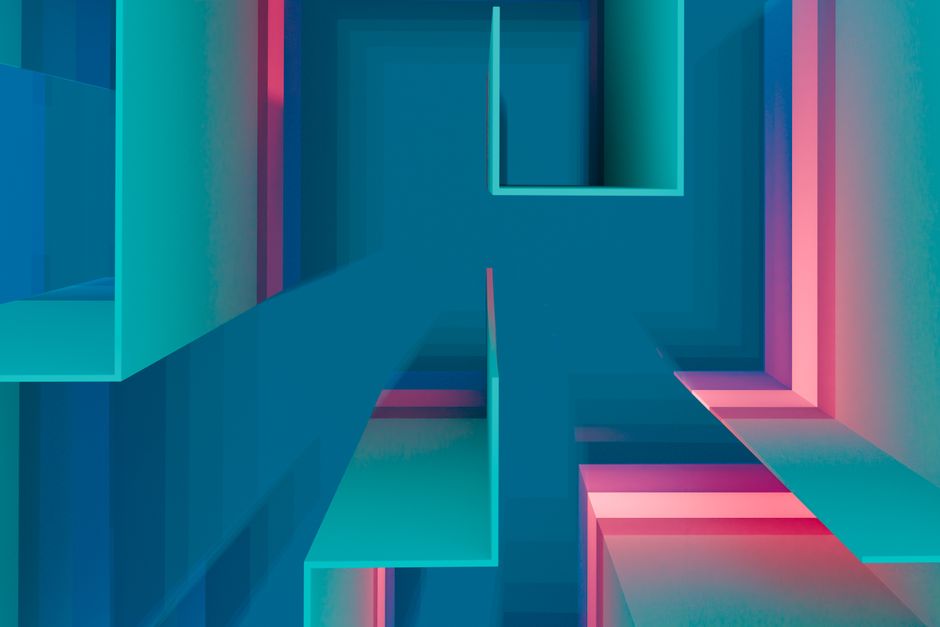 Vibrant abstract geometric design featuring teal and pink hues with depth and dimension.