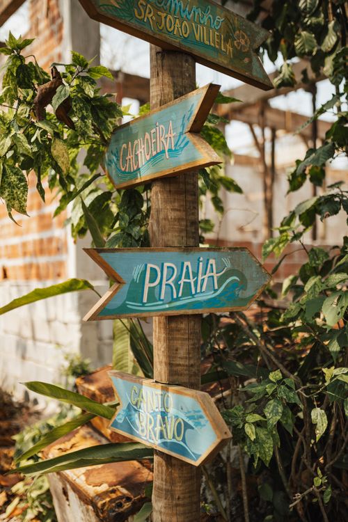 Free Wooden directional signpost in a lush outdoor area, featuring beach and waterfall paths. Stock Photo
