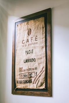 Artistic display of an El Salvador coffee sack framed on a wall, capturing rustic café vibe.
