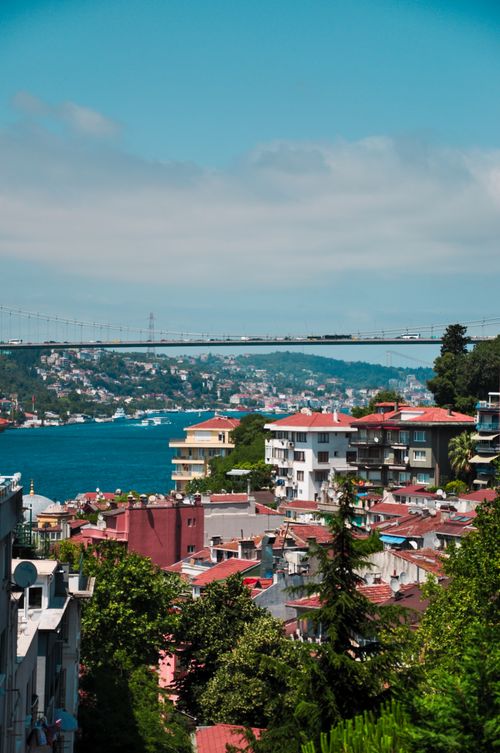 Free A picturesque view of Istanbul's Bosphorus Bridge surrounded by vibrant rooftops and lush greenery. Stock Photo