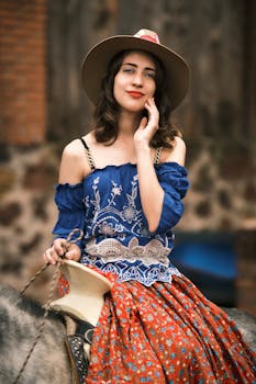 Young woman in traditional Mexican dress riding a horse in Ciudad de México.