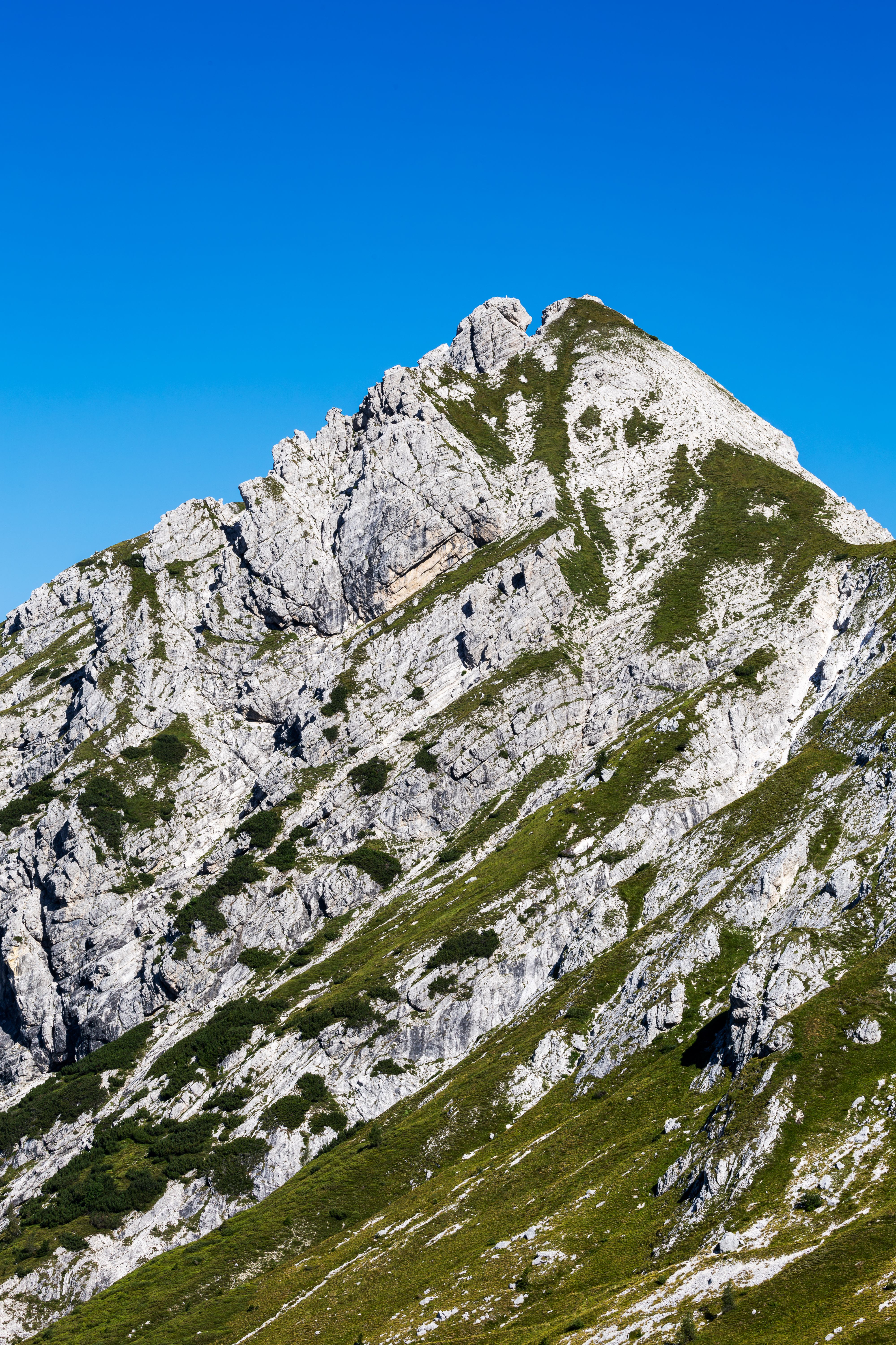 Striking view of the Julian Alps with rocky formations and lush greenery.
