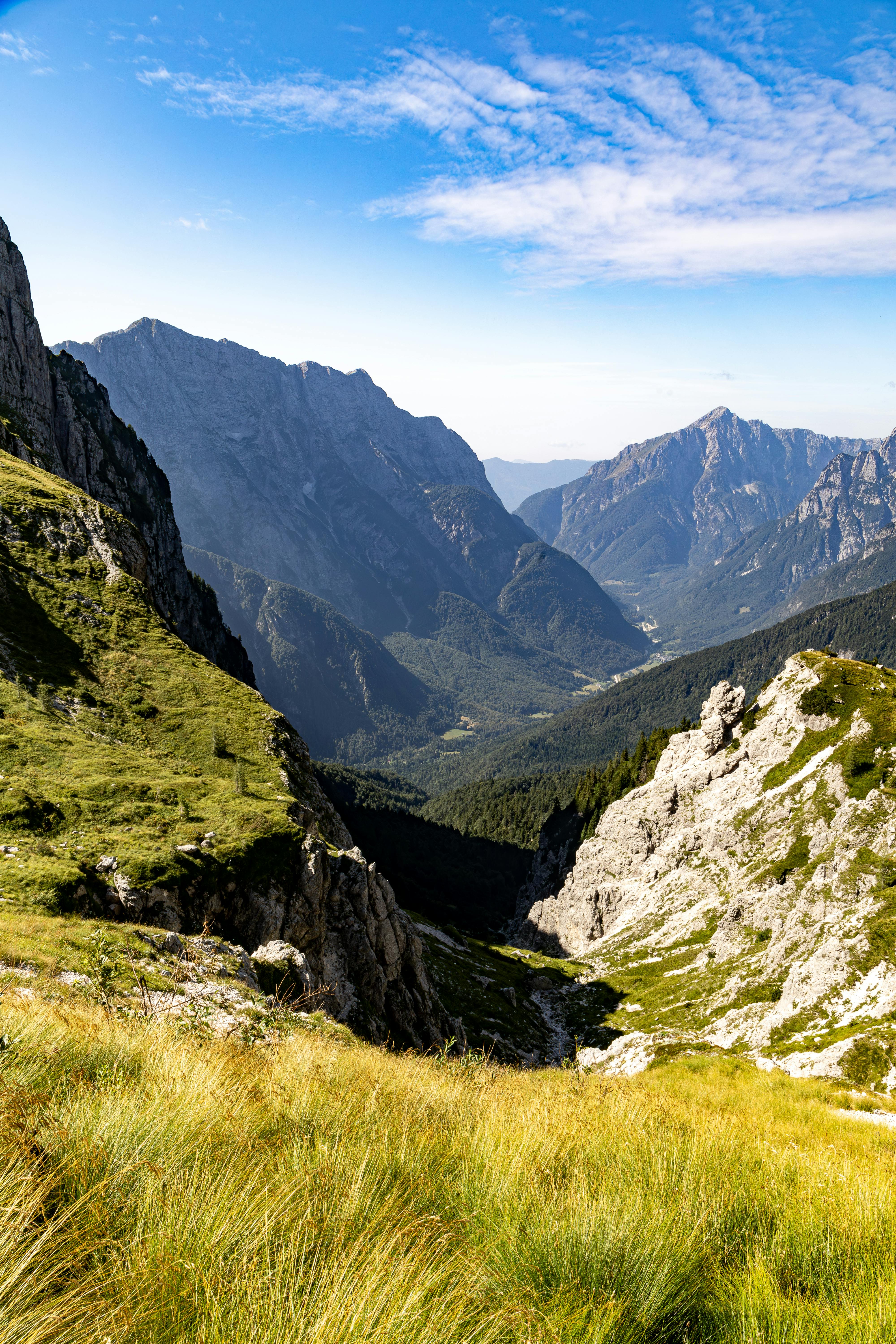 Explore the breathtaking alpine scenery of the Julian Alps with lush meadows and towering peaks.