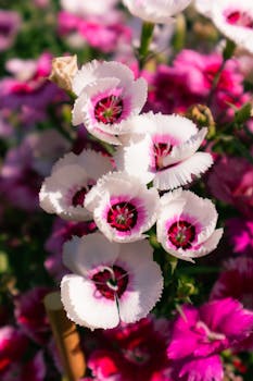Close-up of vibrant white and pink Dianthus flowers in a summer garden, capturing natural beauty and vivid colors.