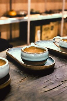 A beautifully crafted ceramic cup on a rustic wooden table in a cozy café setting.