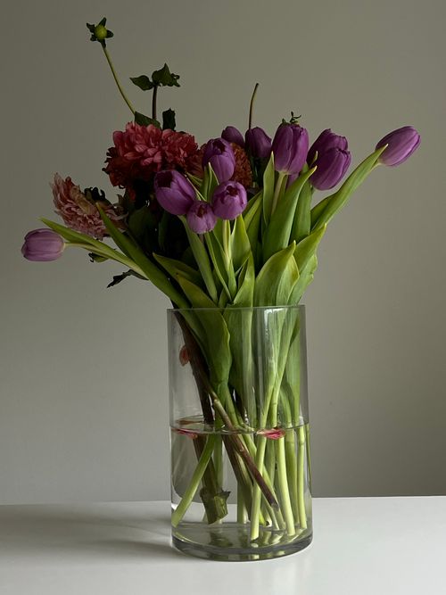 Free A stylish glass vase filled with fresh purple tulips on a minimalist background. Stock Photo