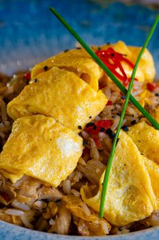 Close-up of flavorful Asian omelette fried rice with vibrant garnishes.