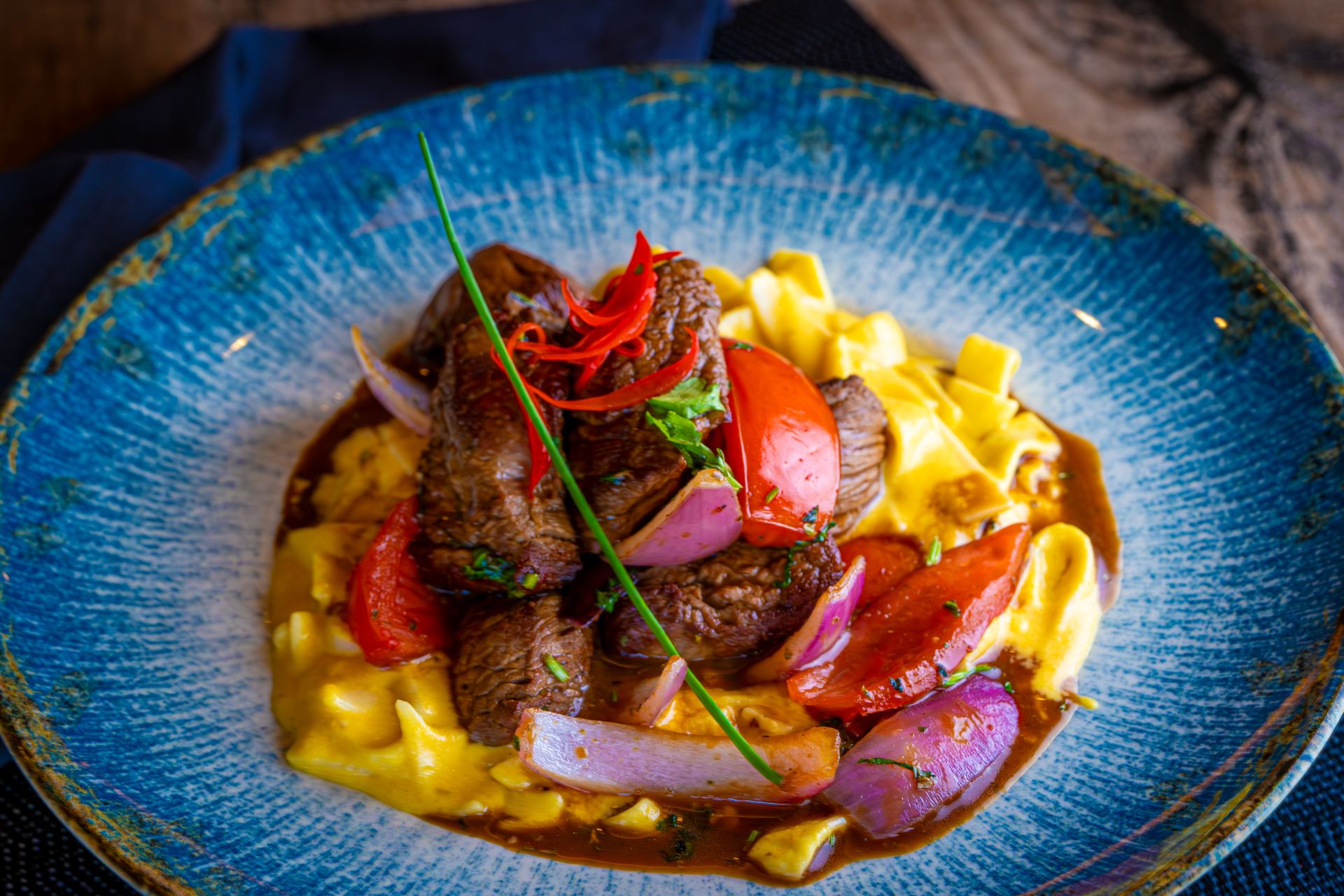 Mouthwatering beef stroganoff served with pasta and fresh vegetables.